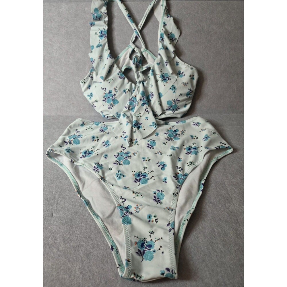 CUPSHE White Blue Floral One Piece Swimsuit XL Ruffle Tie Front Cutout NWT